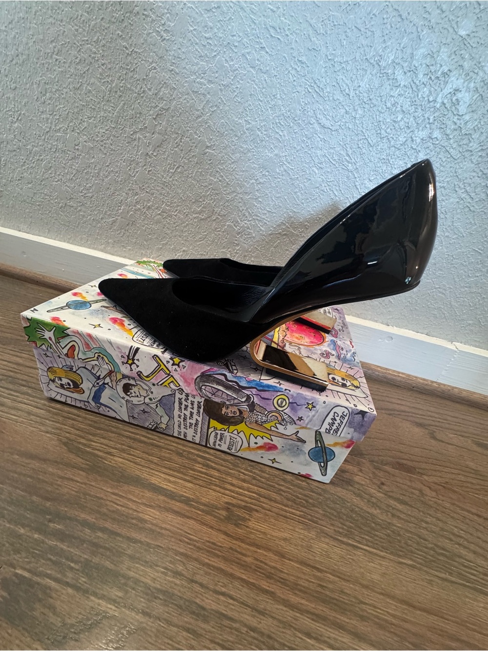 Jeffrey Campbell Black Pointed Pumps with Gold Accent Block Heel